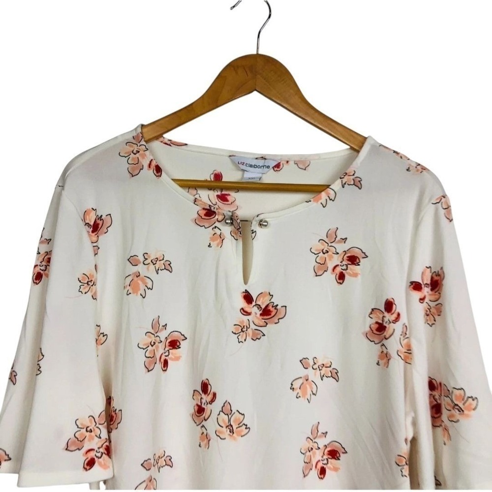 Liz Claiborne Ivory Floral Keyhole Neck Pearl Accent Flutter Sleeve Blouse 2X - Picture 3 of 14